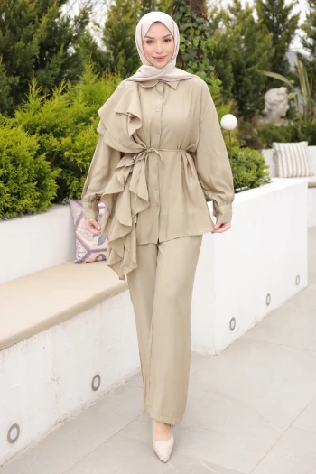 Açık Vizon Volanlı Bel Bağlamalı Tunik Pantolonlu Takım