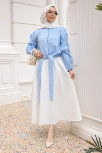 Bebe Mavi Bel Bağlamalı Düğmeli Gömlek