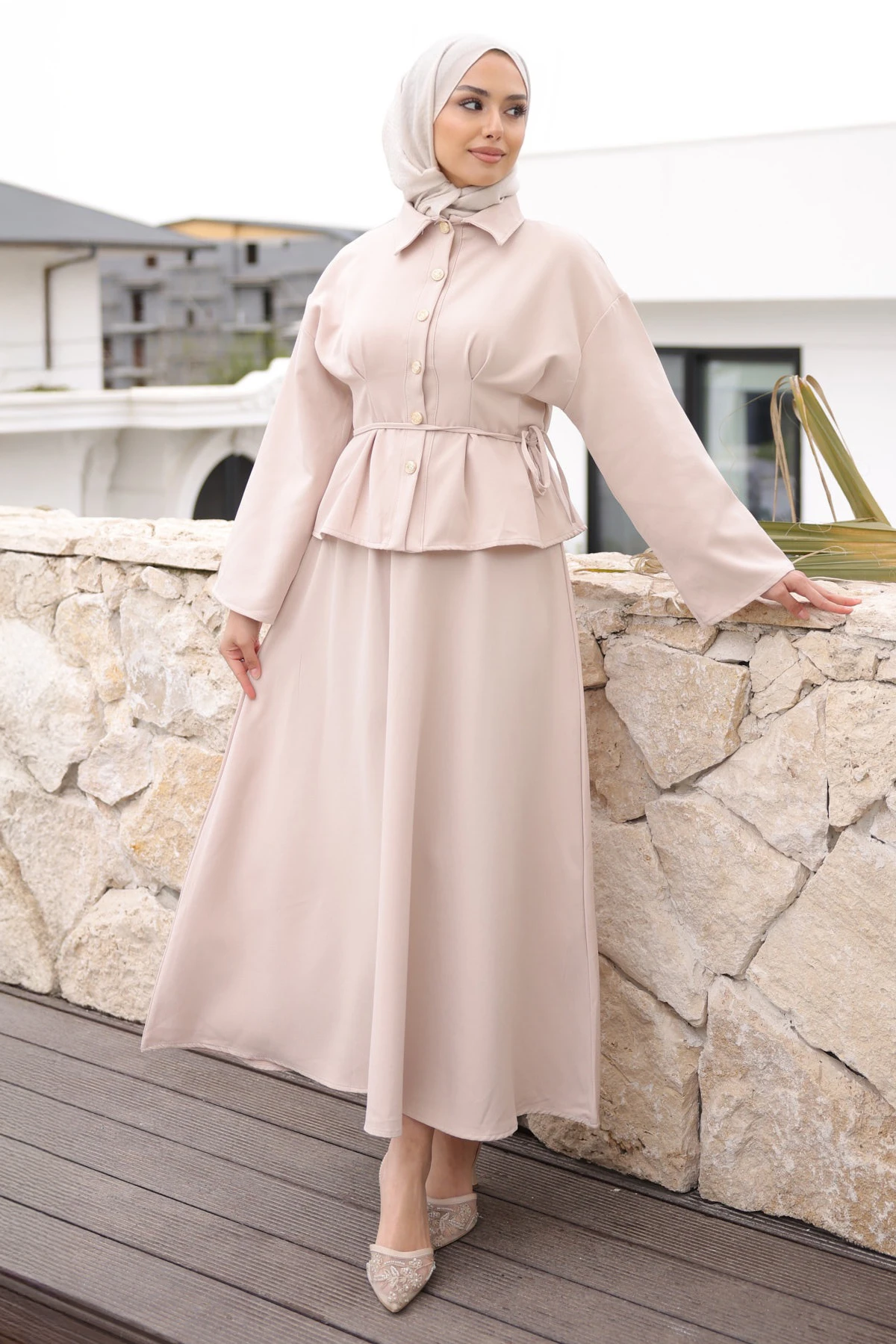 Bej Pens Dikişli Gömlek Etekli Dabıl Takım