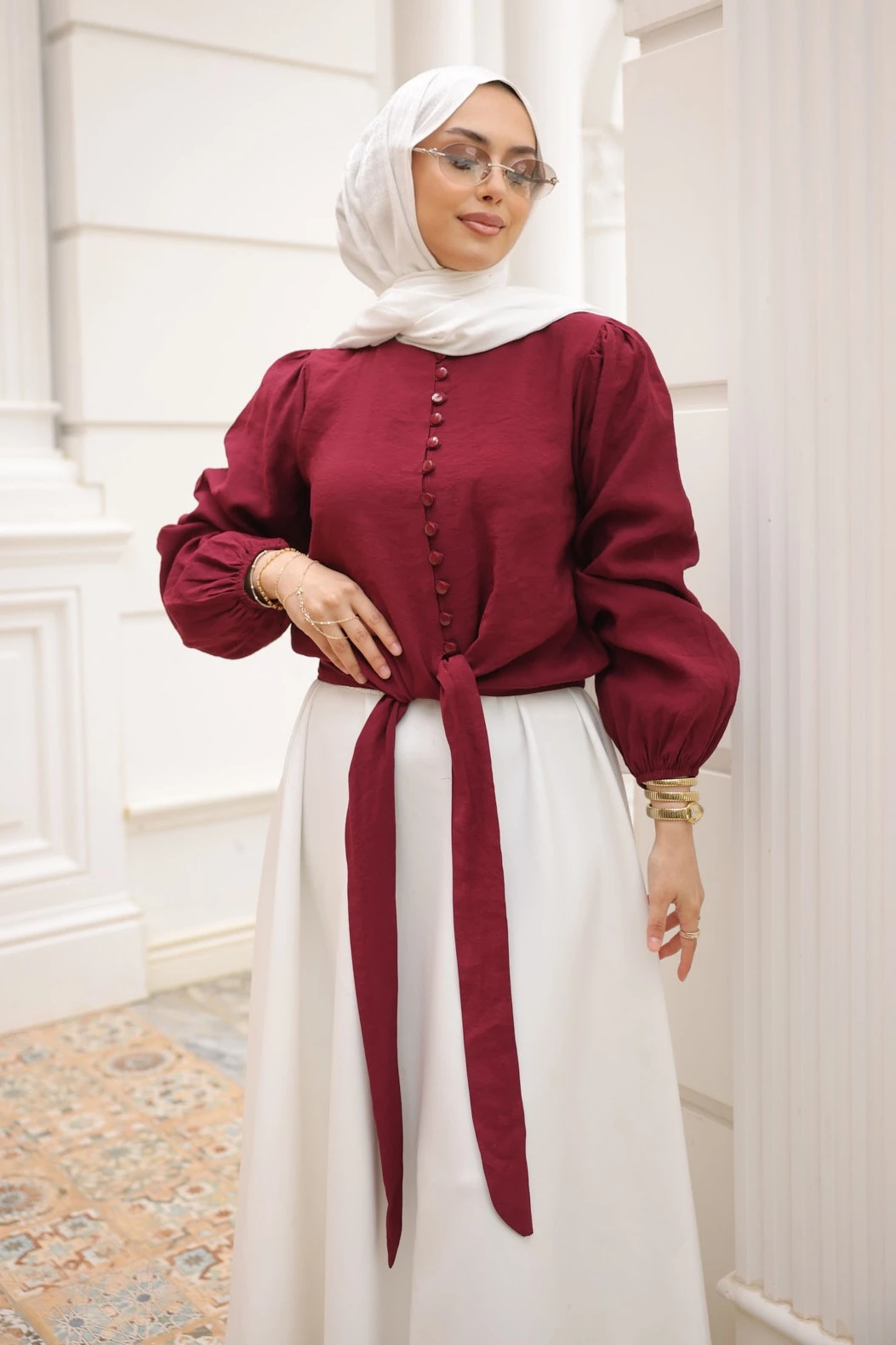 Bordo Bel Bağlamalı Düğmeli Gömlek