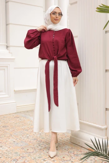 Bordo Bel Bağlamalı Düğmeli Gömlek