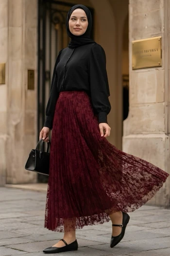 Bordo Flok Baskılı Astarlı Tül Etek