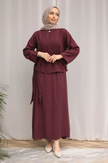 Bordo Gizli Düğmeli Bel Kuşaklı Gömlek Etekli Takım