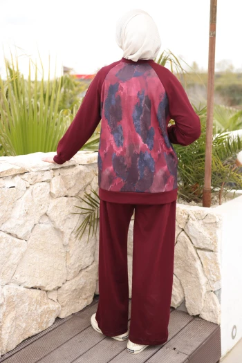 Bordo Ön Batik Desenli Reglan Kol Tunik Pantolonlu Modal Takım