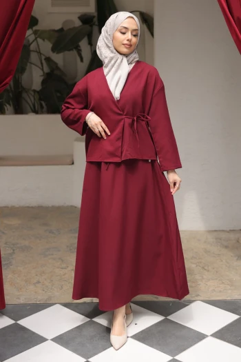 Bordo Yandan Bağlamalı Dabıl Kimono Etekli Takım