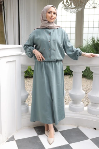 Çağla Kol Ve Bel Lastikli Taşlı Ceket Etekli Takım