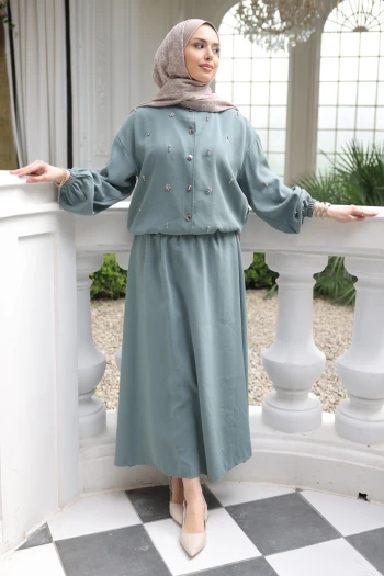 Çağla Kol Ve Bel Lastikli Taşlı Ceket Etekli Takım