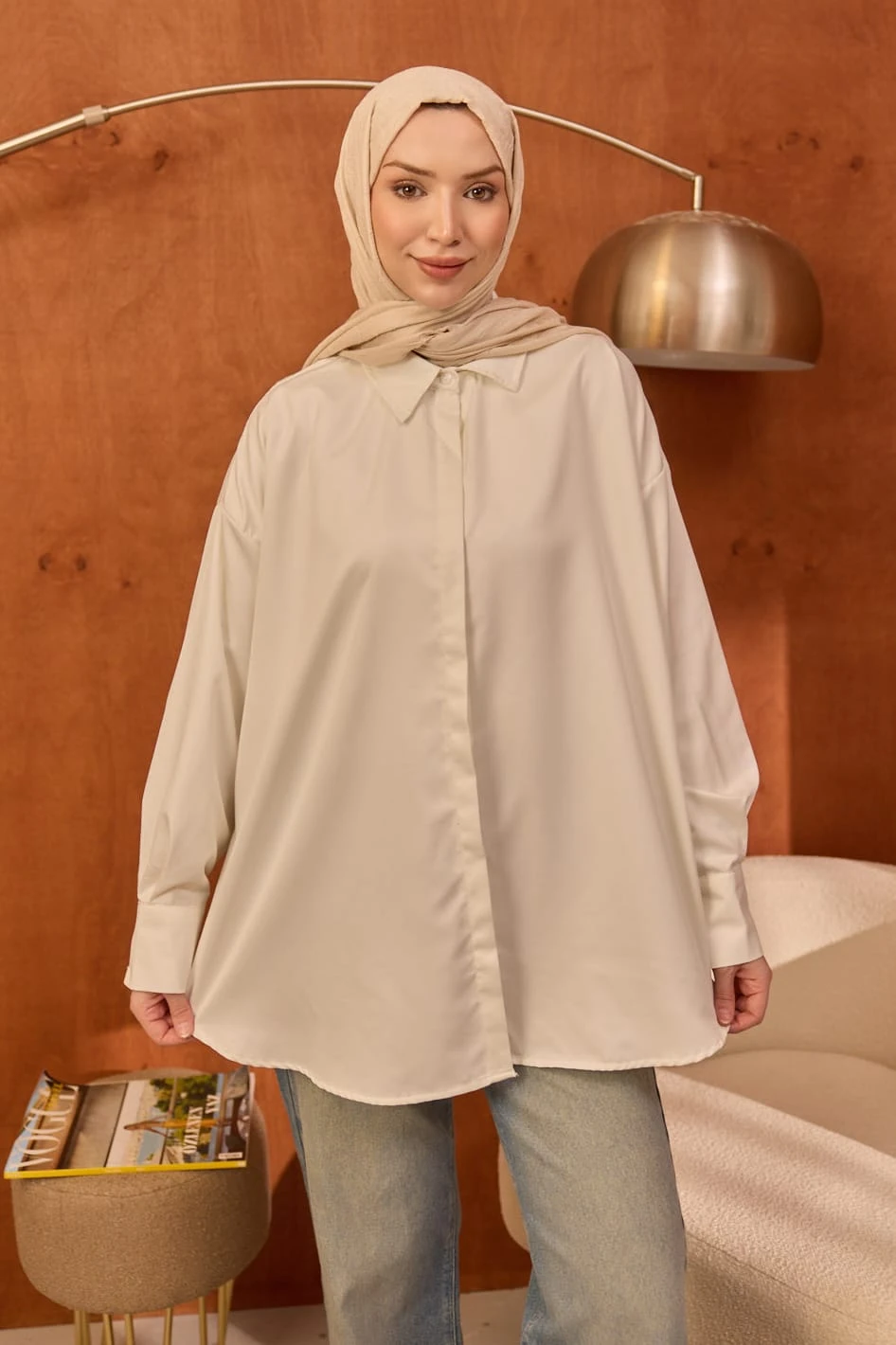 Ekru Gizli Düğmeli Oversize Tunik