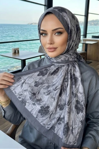 Gri İpekhan Desenli Kraş Şal
