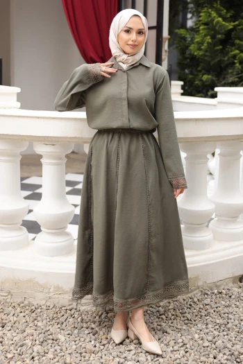 Haki Düğmeli Kolu Dantelli Gömlek Etekli Takım