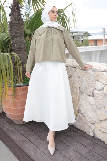 Haki Yaka Dantelli Poplin Gömlek