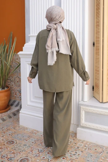 Haki Yaka Detaylı Tunik Pantolonlu Modal Takım