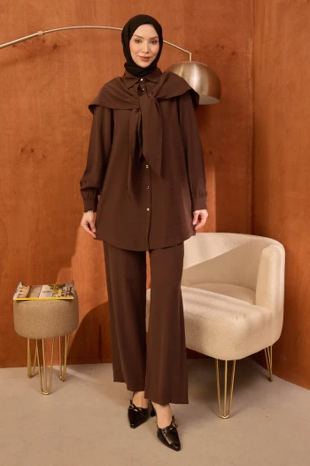Kahve Şal Detaylı Tunik Pantolonlu Takım