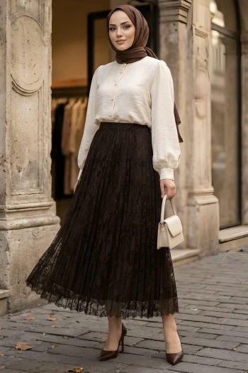 Kahverengi Flok Baskılı Astarlı Tül Etek