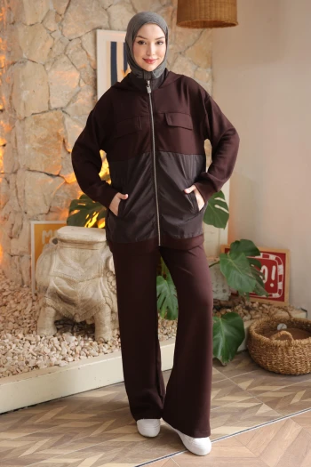 Kahverengi Garnili Tunik Pantolonlu Modal Takım