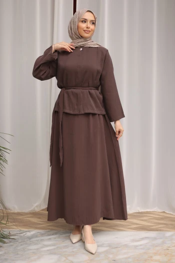 Kahverengi Gizli Düğmeli Bel Kuşaklı Gömlek Etekli Takım