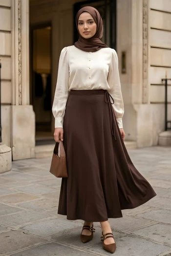 Kahverengi Katlı Dabıl Etek