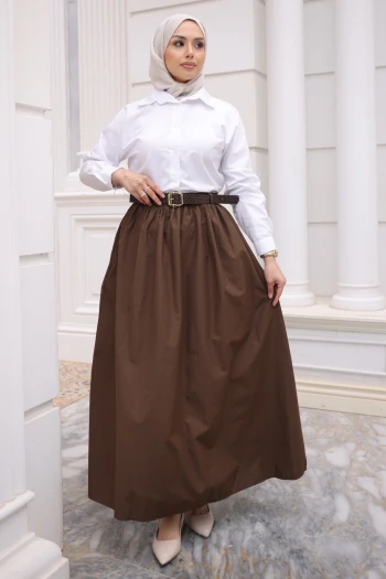 Kahverengi Kemerli Cepli Poplin Etek