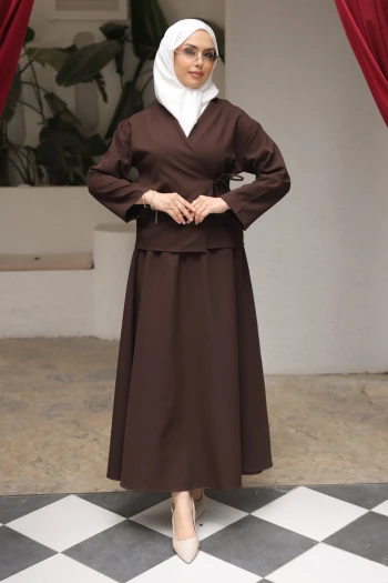 Kahverengi Yandan Bağlamalı Dabıl Kimono Etekli Takım