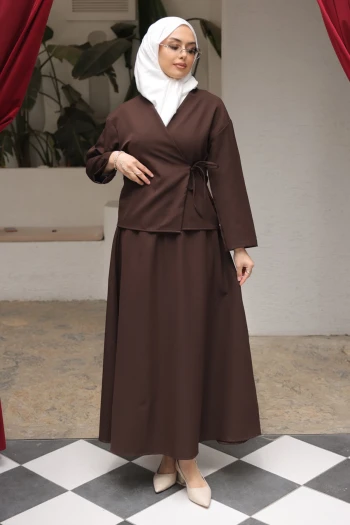 Kahverengi Yandan Bağlamalı Dabıl Kimono Etekli Takım