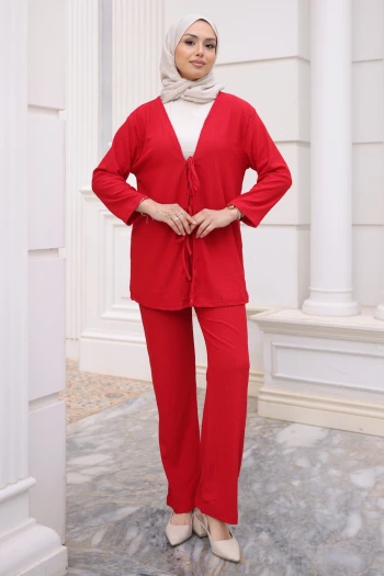 Kırmızı Ön Bağlamalı Bürümcük Kimono Pantolonlu Takım