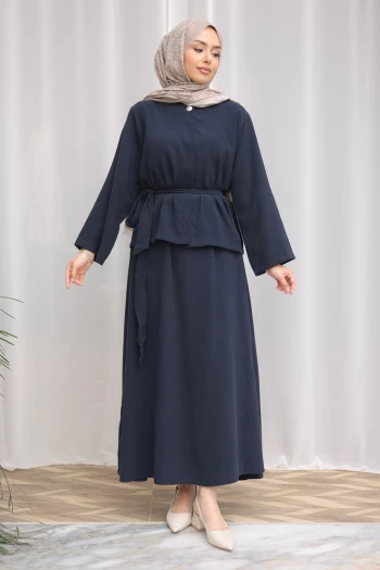 Koyu Lacivert Gizli Düğmeli Bel Kuşaklı Gömlek Etekli Takım