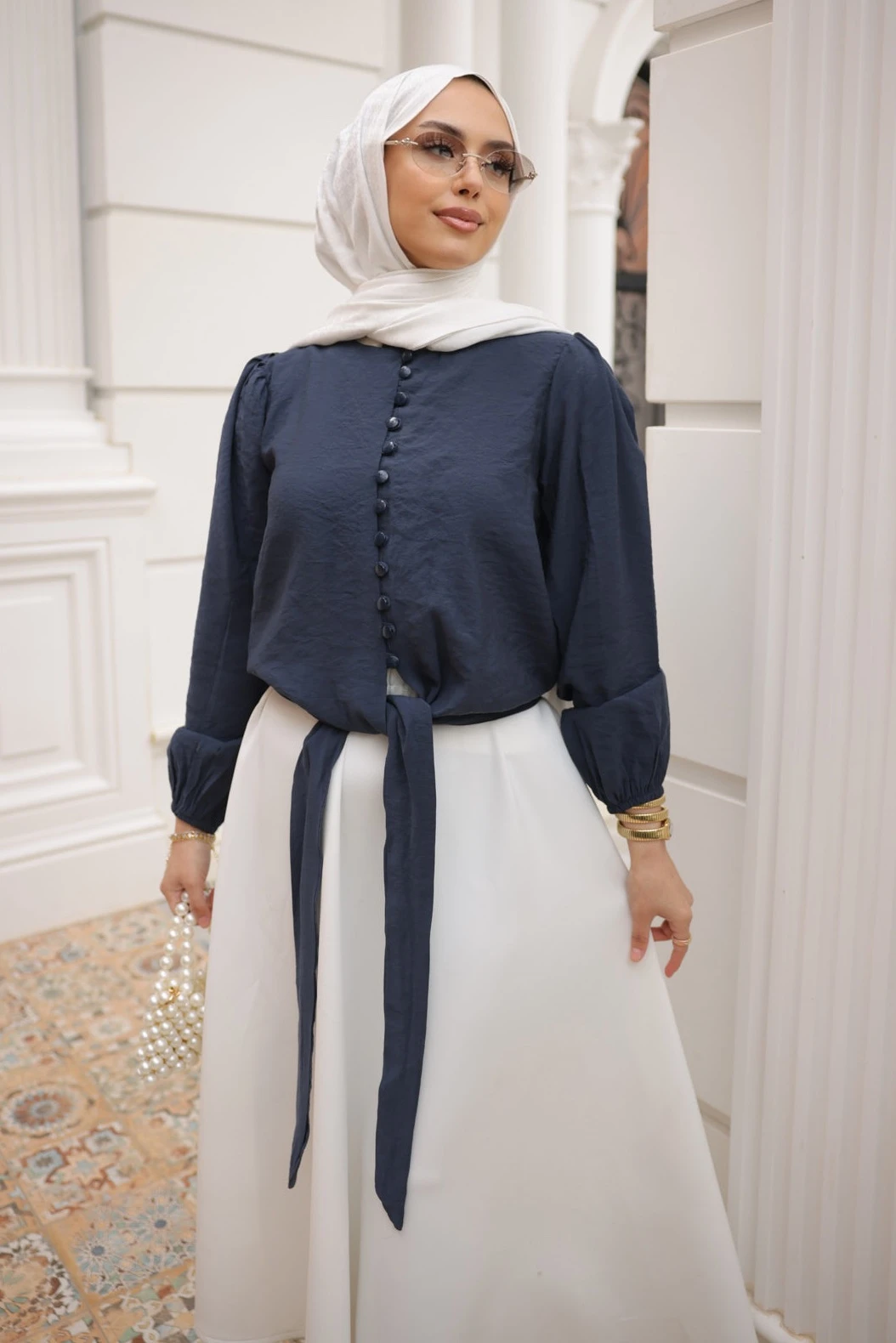 Lacivert Bel Bağlamalı Düğmeli Gömlek