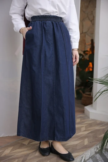 Lacivert Bel Lastikli Çimalı Kot Etek