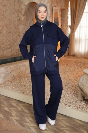 Lacivert Garnili Tunik Pantolonlu Modal Takım