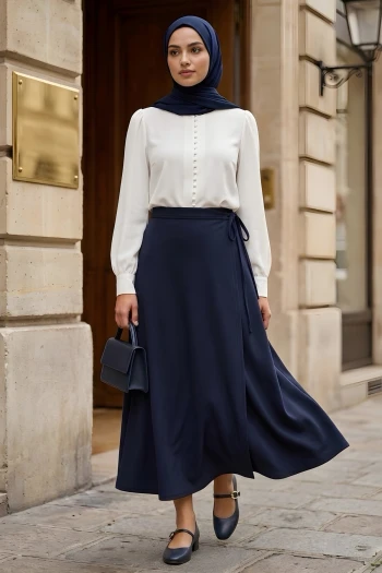 Lacivert Katlı Dabıl Etek