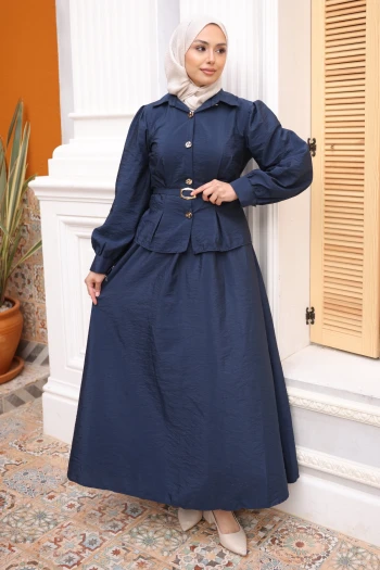 Lacivert Kemerli Düğmeli Gömlek Etekli Takım