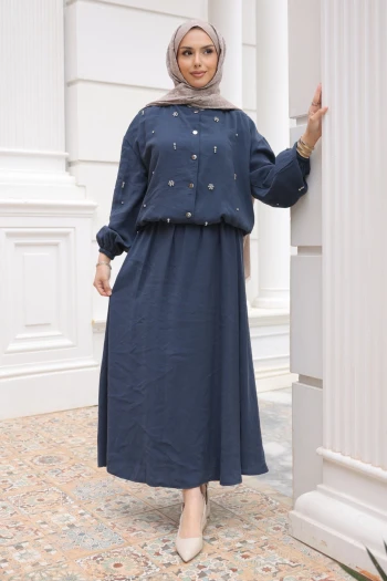 Lacivert Kol Ve Bel Lastikli Taşlı Ceket Etekli Takım