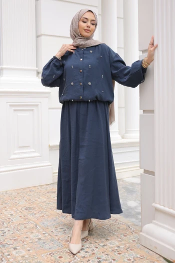 Lacivert Kol Ve Bel Lastikli Taşlı Ceket Etekli Takım