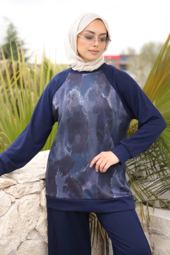 Lacivert Ön Batik Desenli Reglan Kol Tunik Pantolonlu Modal Takım