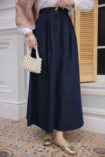 Lacivert Pileli Kot Etek