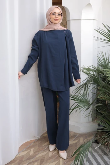 Lacivert Yaka Detaylı Tunik Pantolonlu Modal Takım