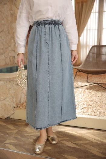 Mavi Bel Lastikli Çimalı Kot Etek