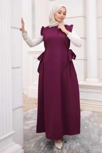 Mürdüm Bel Kuşaklı Kolları Fırfırlı Elbise