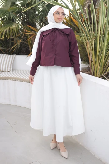 Mürdüm Yaka Dantelli Poplin Gömlek