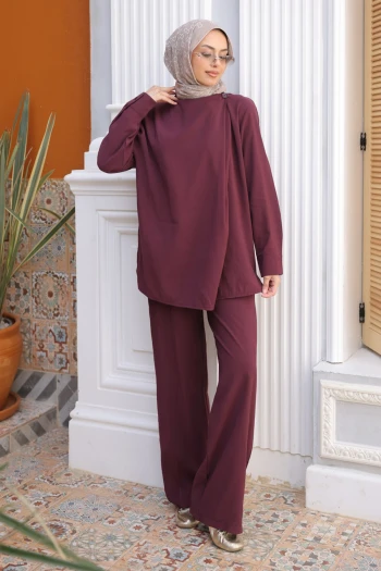 Mürdüm Yaka Detaylı Tunik Pantolonlu Modal Takım