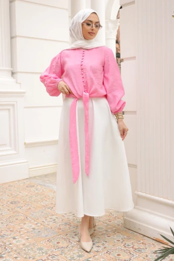 Pembe Bel Bağlamalı Düğmeli Gömlek