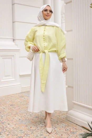 Sarı Bel Bağlamalı Düğmeli Gömlek