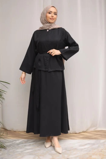 Siyah Gizli Düğmeli Bel Kuşaklı Gömlek Etekli Takım