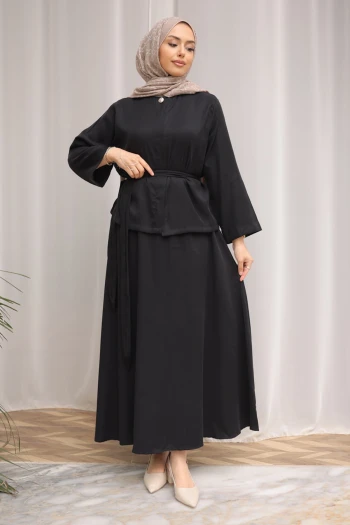 Siyah Gizli Düğmeli Bel Kuşaklı Gömlek Etekli Takım