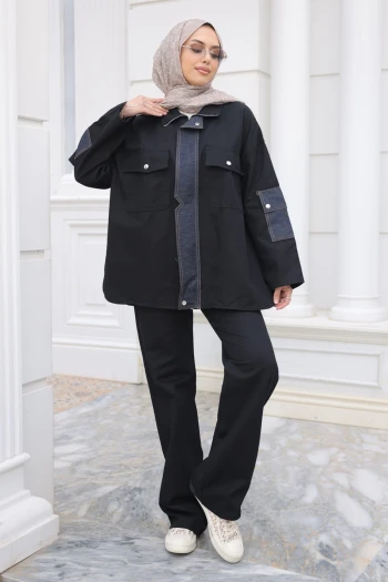 Siyah Kot Garnili Ceket Pantolonlu Takım