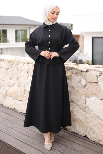 Siyah Pens Dikişli Gömlek Etekli Dabıl Takım