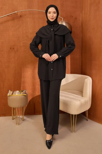 Siyah Şal Detaylı Tunik Pantolonlu Takım
