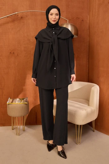 Siyah Şal Detaylı Tunik Pantolonlu Takım