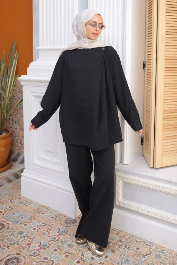 Siyah Yaka Detaylı Tunik Pantolonlu Modal Takım