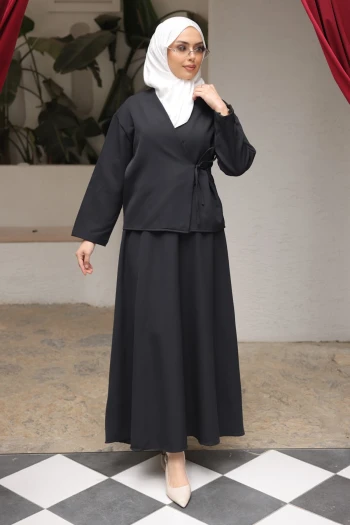 Siyah Yandan Bağlamalı Dabıl Kimono Etekli Takım